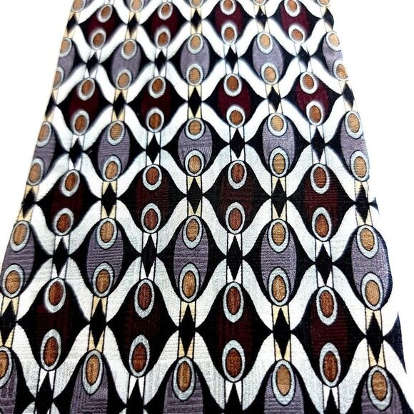 Martin Wong Red Silver Tan Print Short Wide Silk Tie - Picture 2 of 6